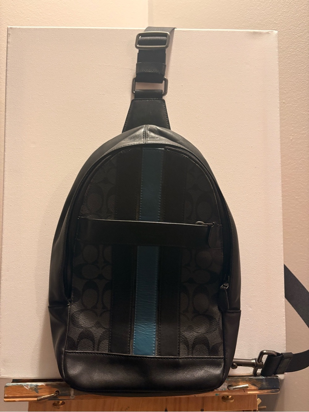 Men's Coach Black Sling Backpack with Blue Accent